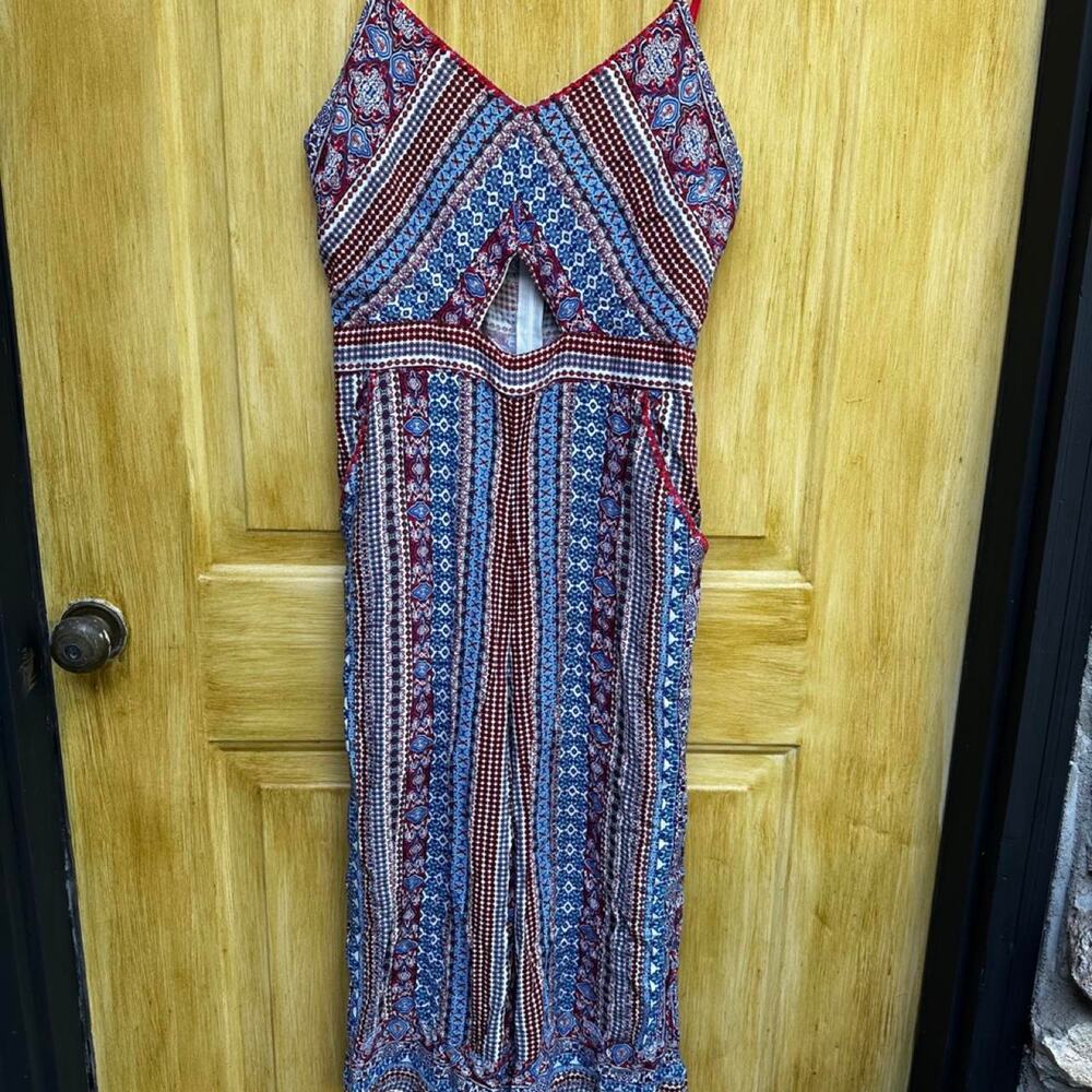 ShineStar blue, red, and white-print maxi dress with cutout detail, size XL